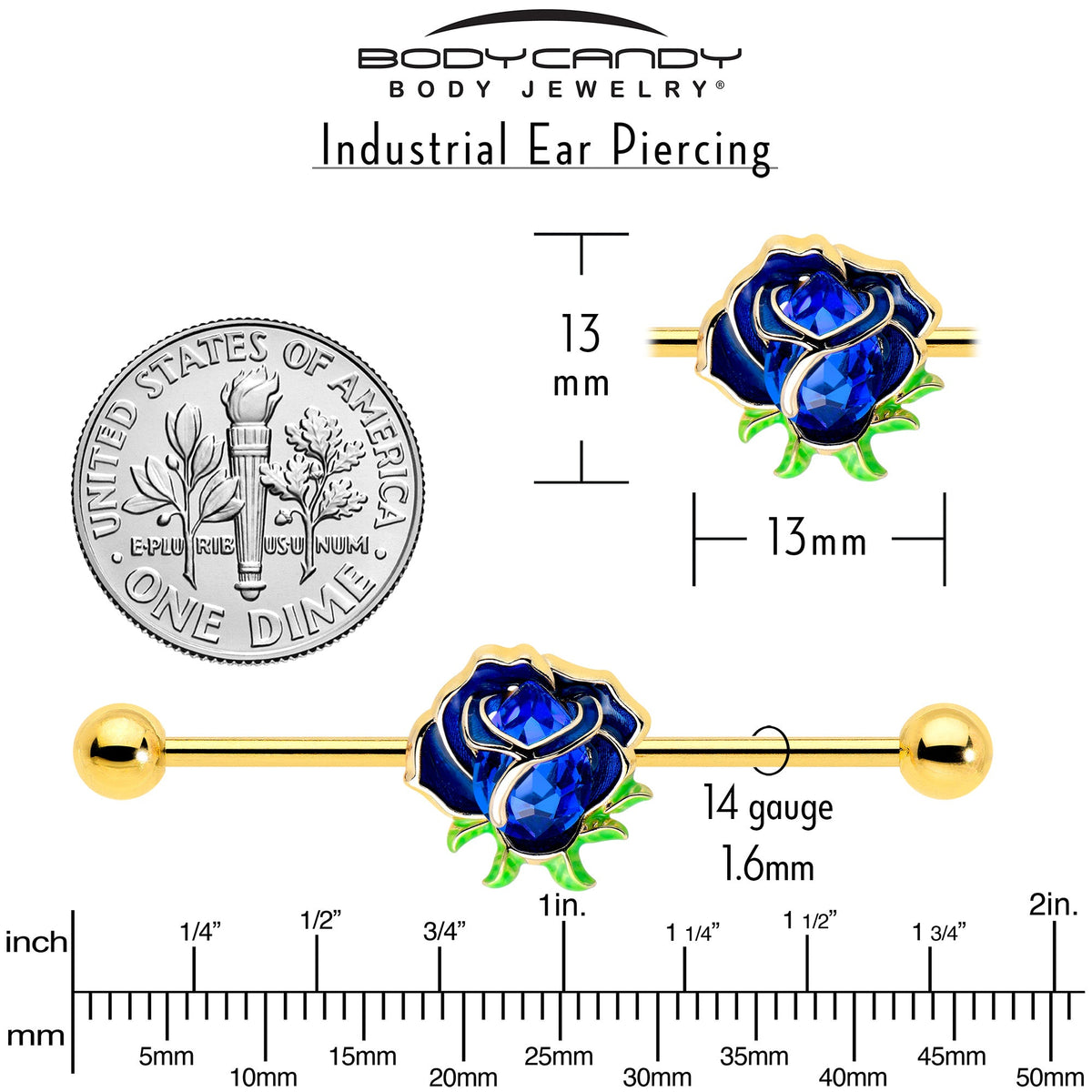 14G Blue Gem Gold Tone Deep Blue Flower Industrial Barbell 38mm
