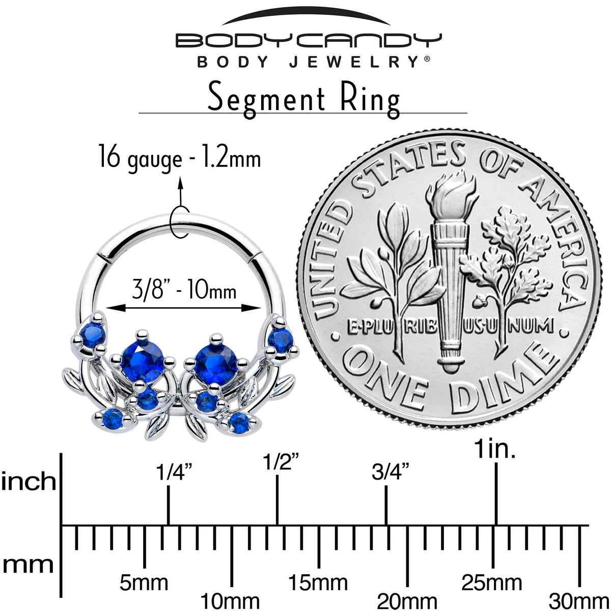 16G 3/8 Blue Gem Twining Vine Hinged Segment Ring