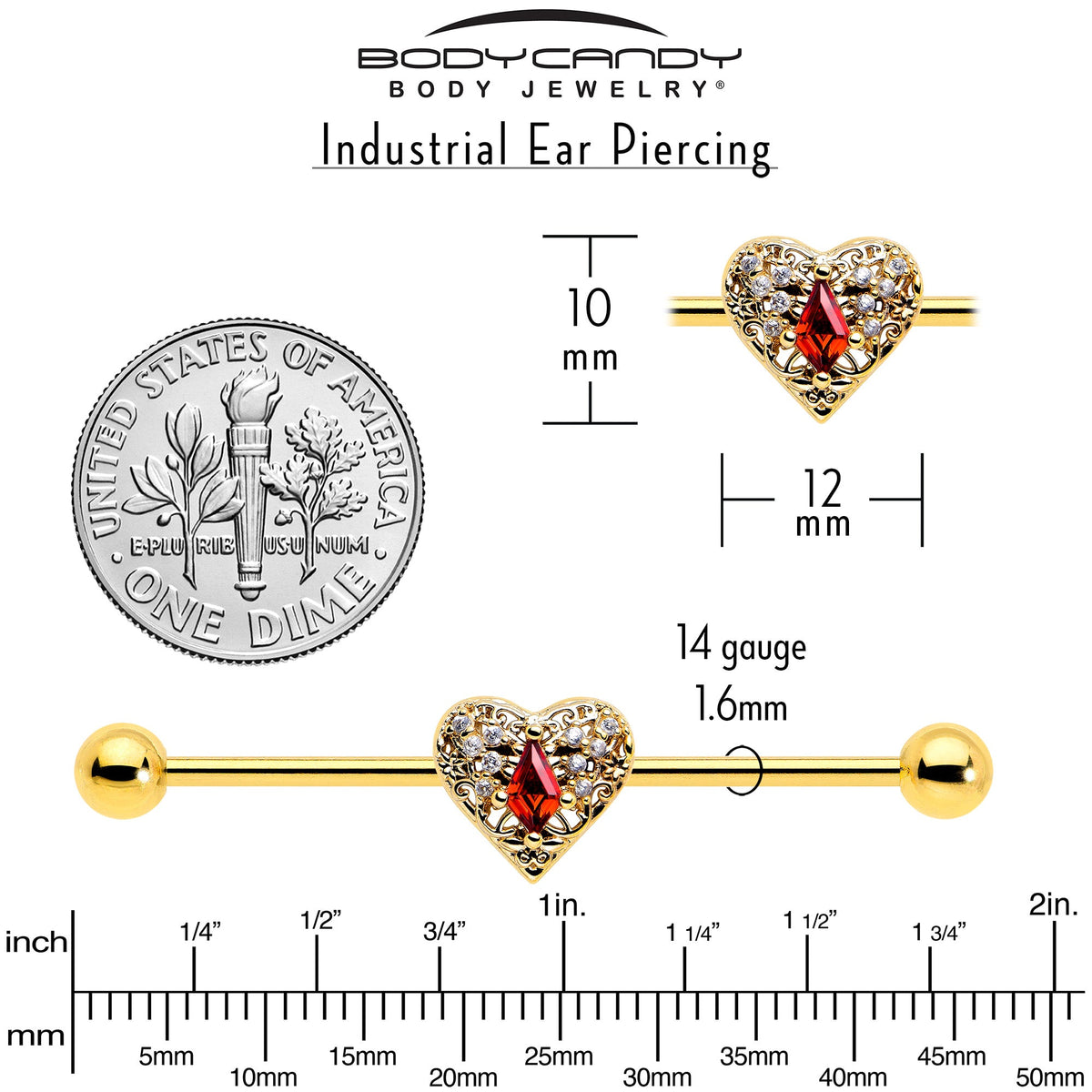 14G Red CZ Gem Gold Tone Heart Queen Industrial Barbell 38mm