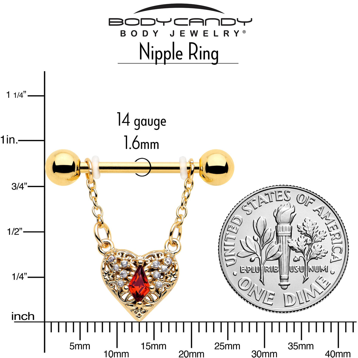 14G 9/16 Red CZ Gem Gold Tone Heart Queen Dangle Nipple Ring Set