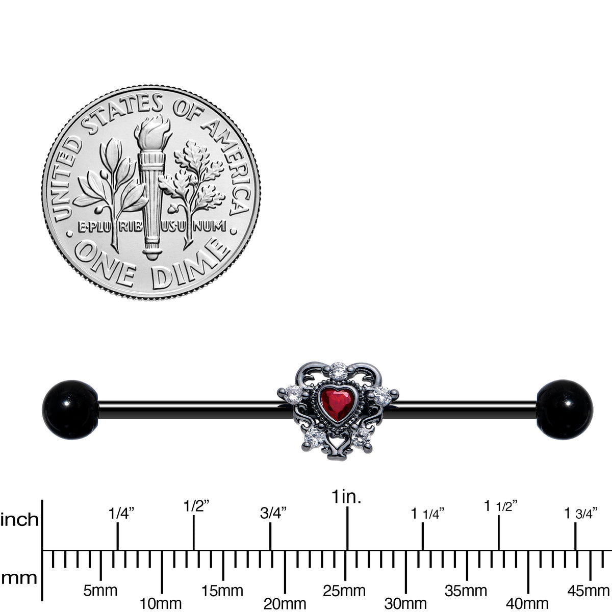 14G Red CZ Gem Black Double Heart Industrial Barbell 38mm