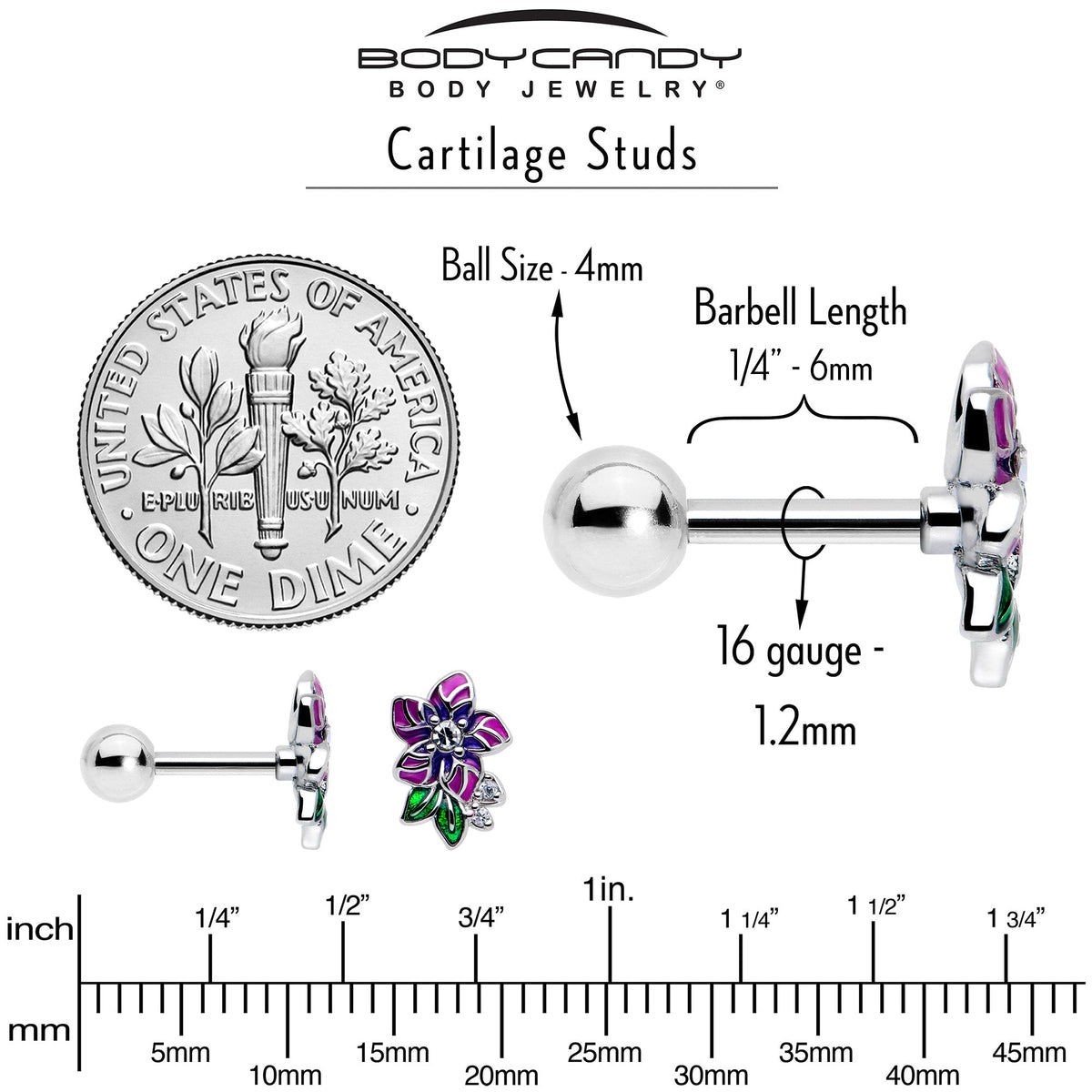 16G 1/4 Clear CZ Gem Flower Purple Cartilage Tragus Earring