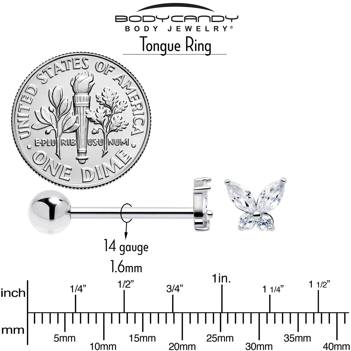Clear CZ Gem Open Wing Butterfly Barbell Tongue Ring