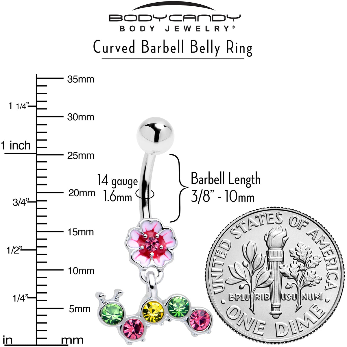 Pink Green Gem Caterpillar Flower Dangle Belly Ring