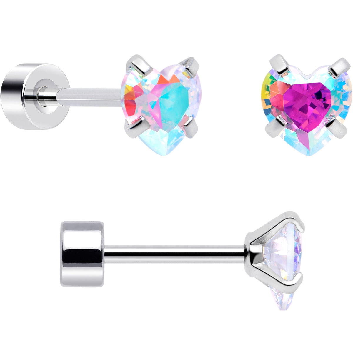 20G Pink Aurora Gem Star Heart Flower Flatback Earring Set of 6