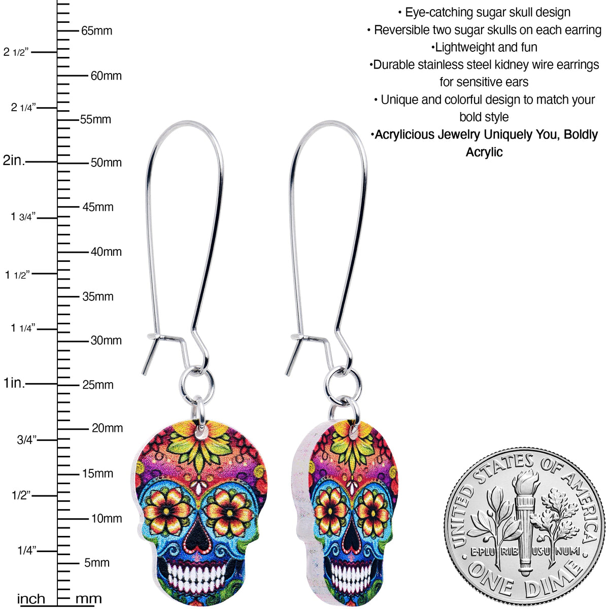 Acrylicious Sugar Skull Double Sided Reversible Skull Earrings