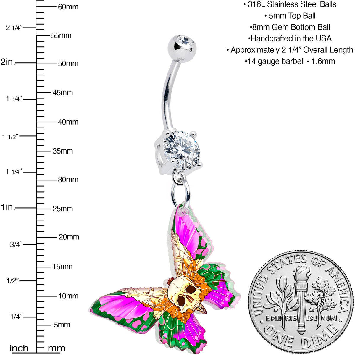 Clear Gem Butterfly Skull Dangle Belly Ring by Onyx O