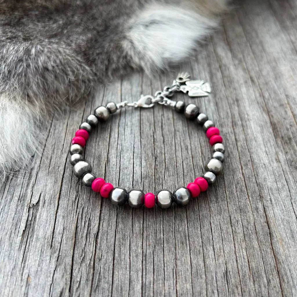 Hot Pink Silver Bead Bracelet