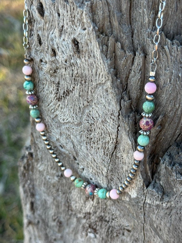 Queen Conch and Round Turquoise Mosaic Beaded Necklace