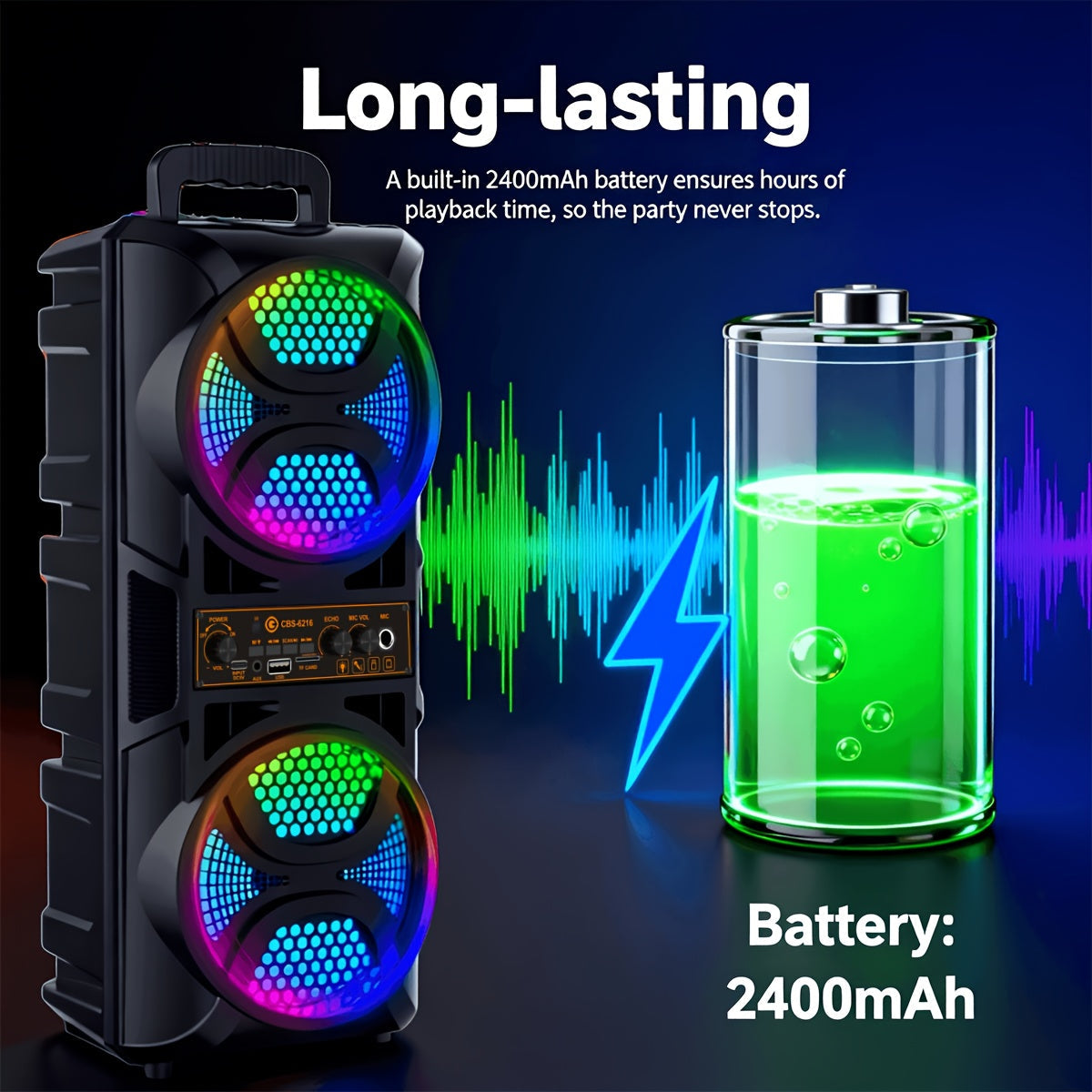 Portable Bluetooth Speaker with Subwoofer Bass, Dual 6.5" LED Woofers and Microphone