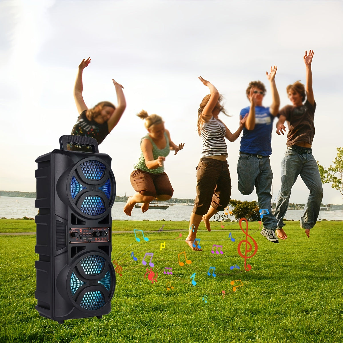 Portable Bluetooth Speaker with Subwoofer Bass, Dual 6.5" LED Woofers and Microphone