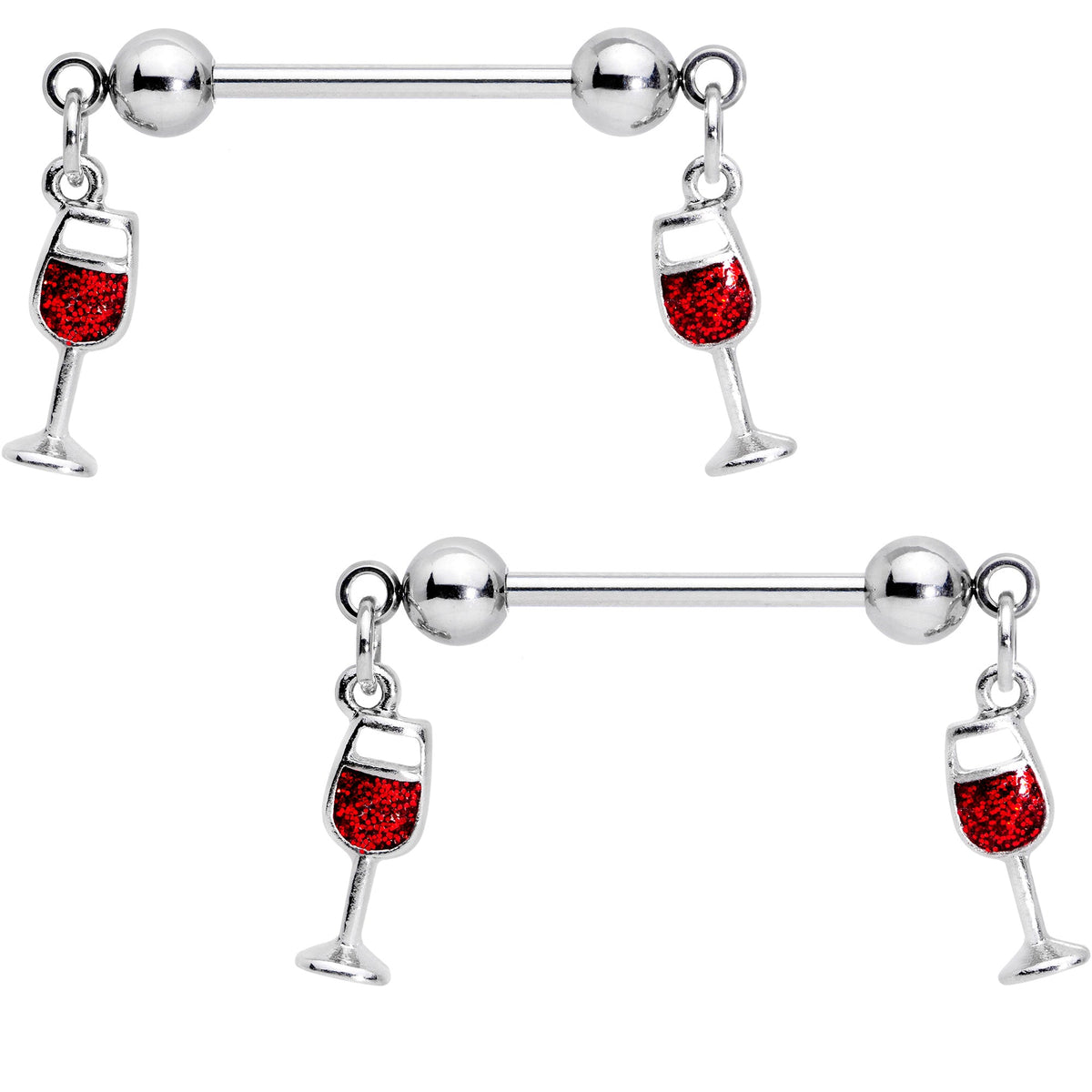 14G 5/8 Red Wine Glass Dangle Barbell Nipple Ring Set