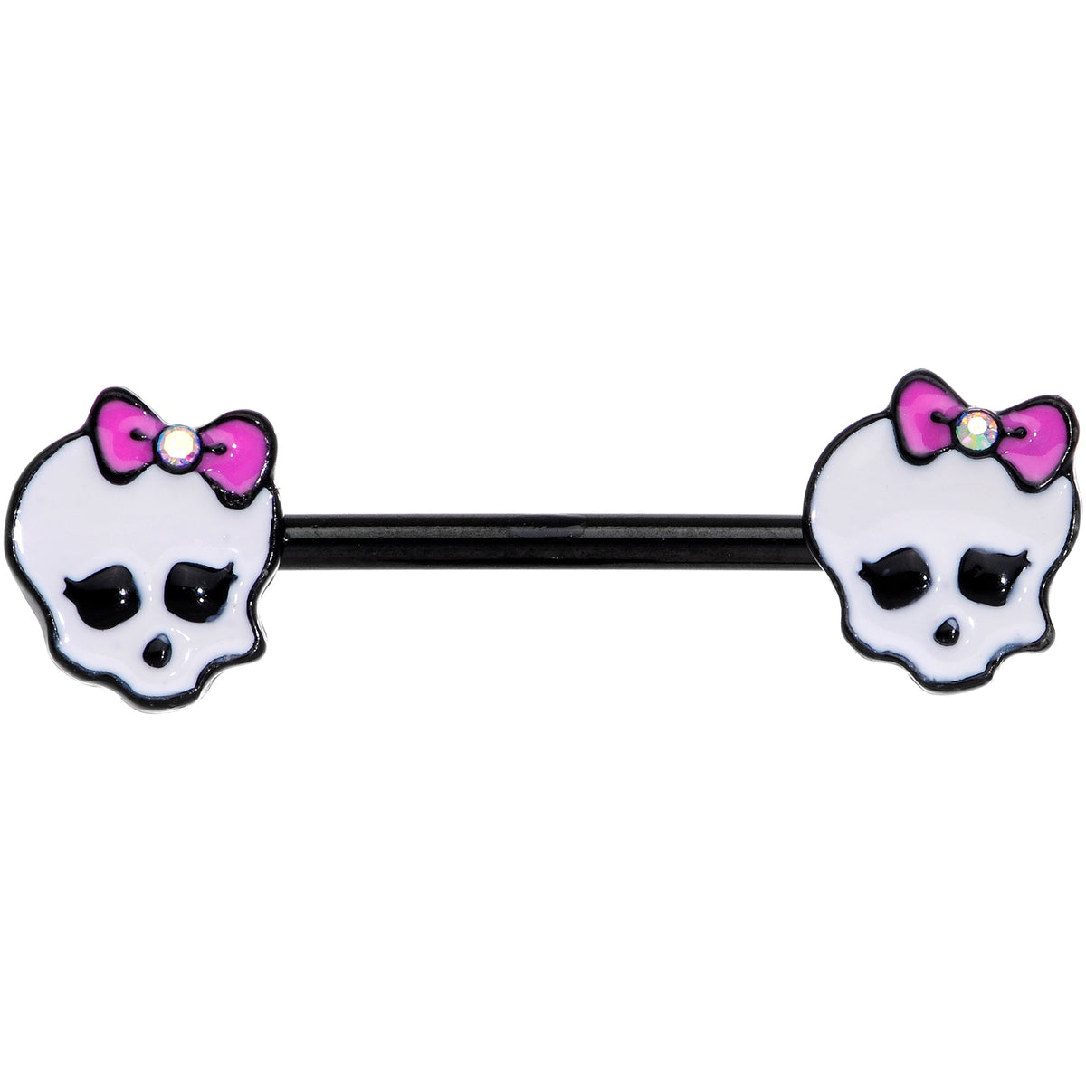 14G 9/16 Aurora Gem Black Kawaii Skull Barbell Nipple Ring Set