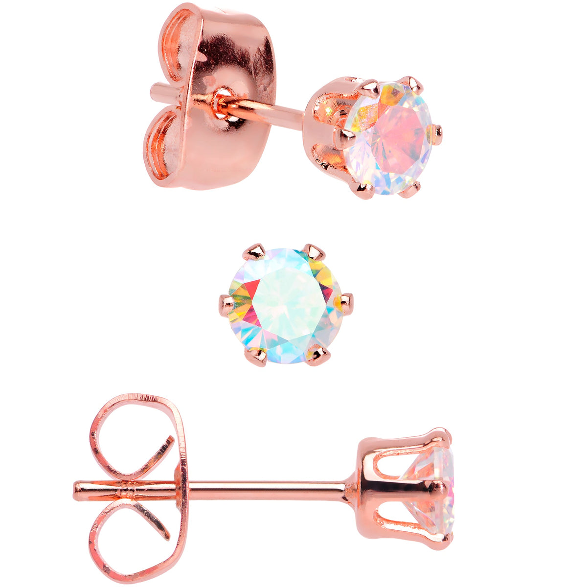 20G Aurora CZ Gem Rose Gold Tone Post Stud Earring Set of 6