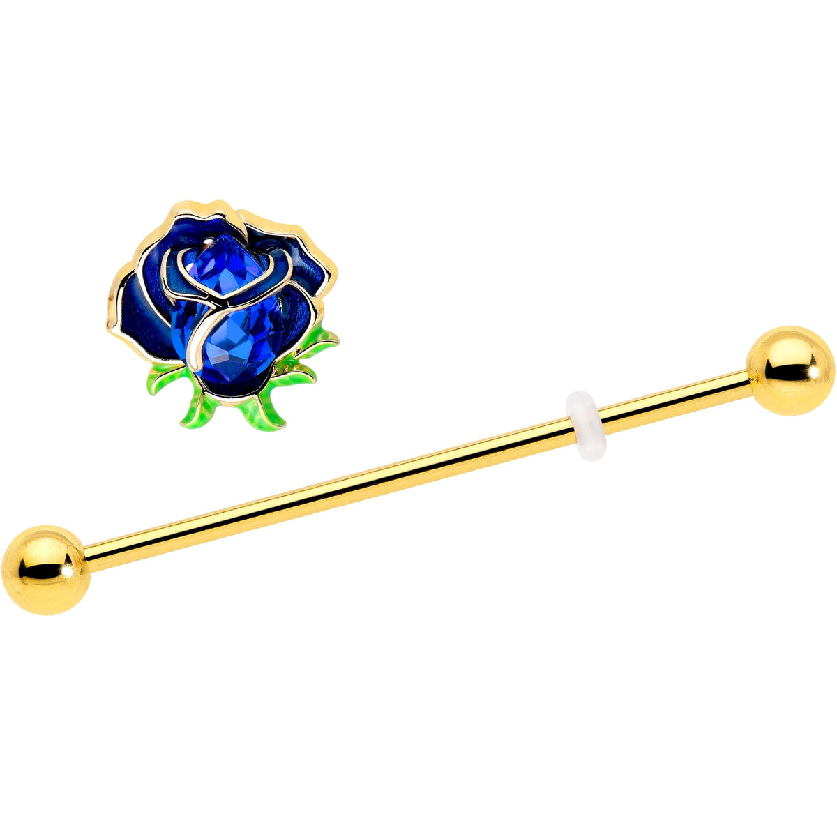 14G Blue Gem Gold Tone Deep Blue Flower Industrial Barbell 38mm