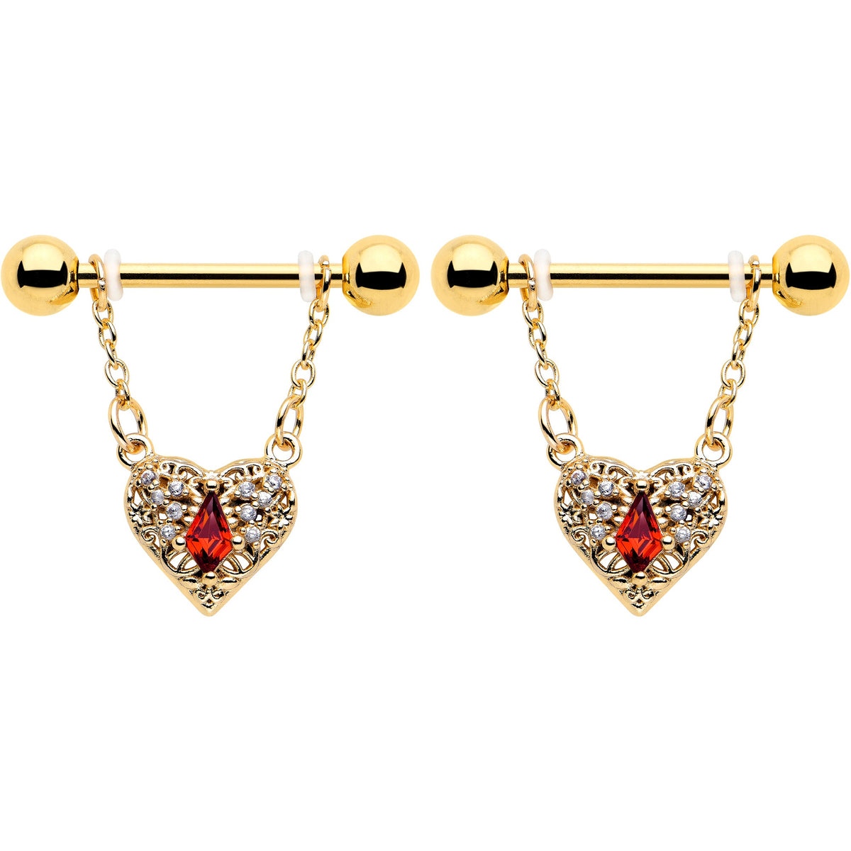 14G 9/16 Red CZ Gem Gold Tone Heart Queen Dangle Nipple Ring Set