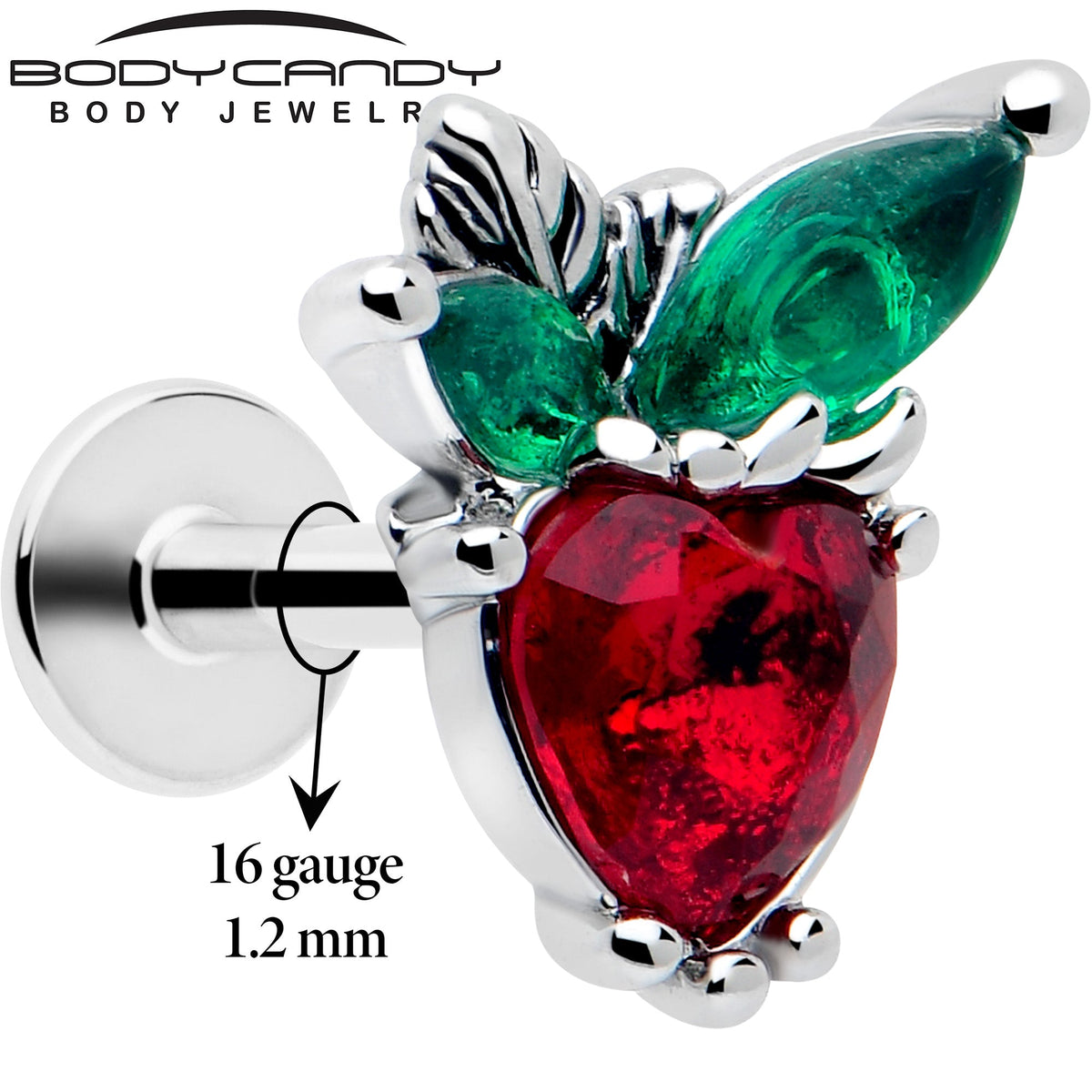 16G 1/4 Red Green Gem Strawberry Heart Labret