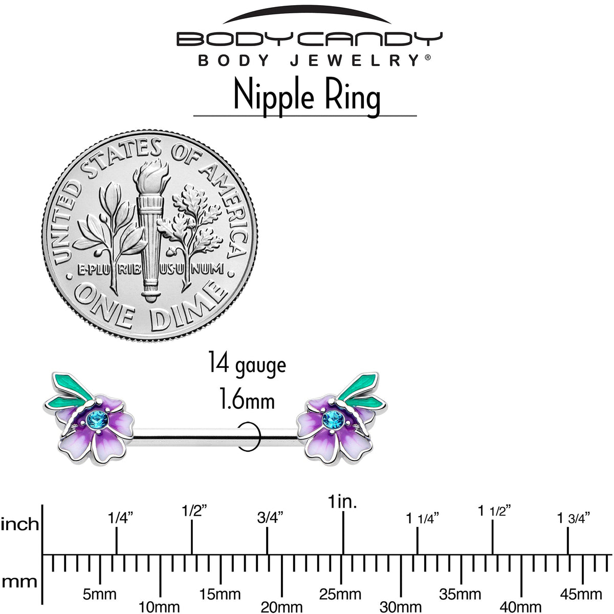 14G 9/16 Blue Gem Faerie Flower Purple Barbell Nipple Ring Set