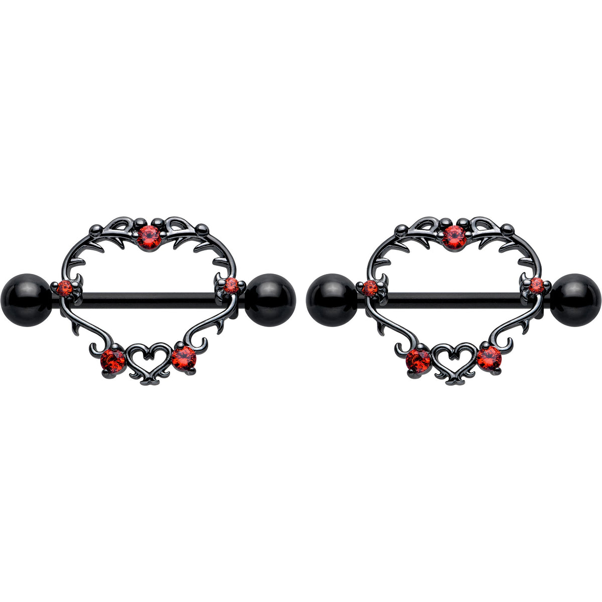 14G 9/16 Red CZ Gem Black Leafy Heart Nipple Shield Set