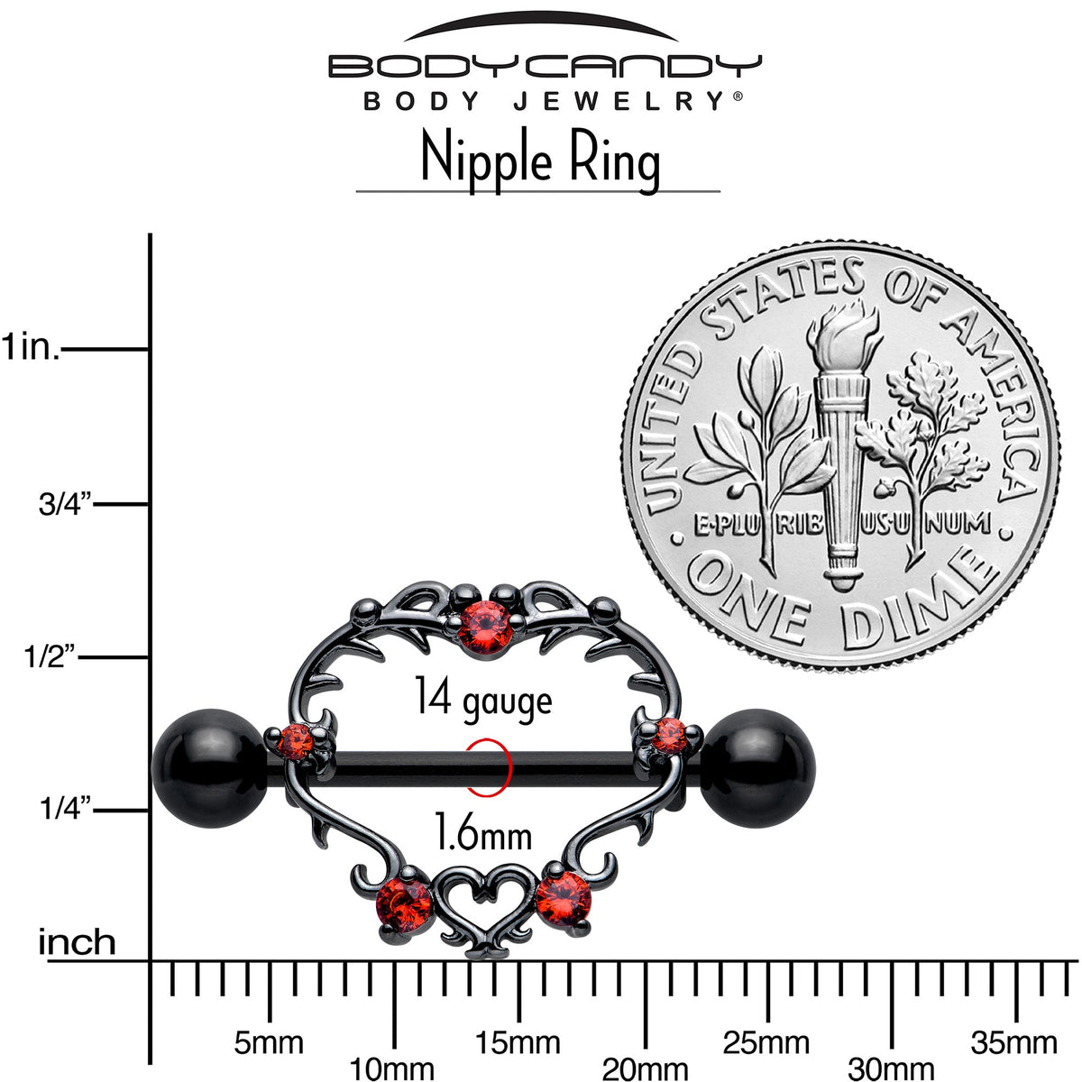 14G 9/16 Red CZ Gem Black Leafy Heart Nipple Shield Set