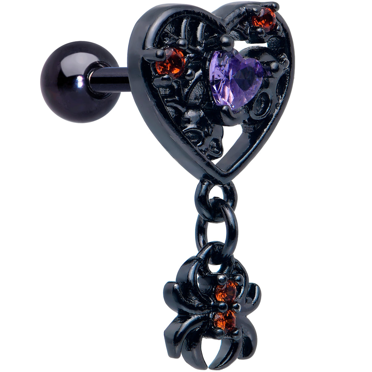 16G 1/4 Red CZ Gem Black Heart Spider Skull Dangle Cartilage Earring