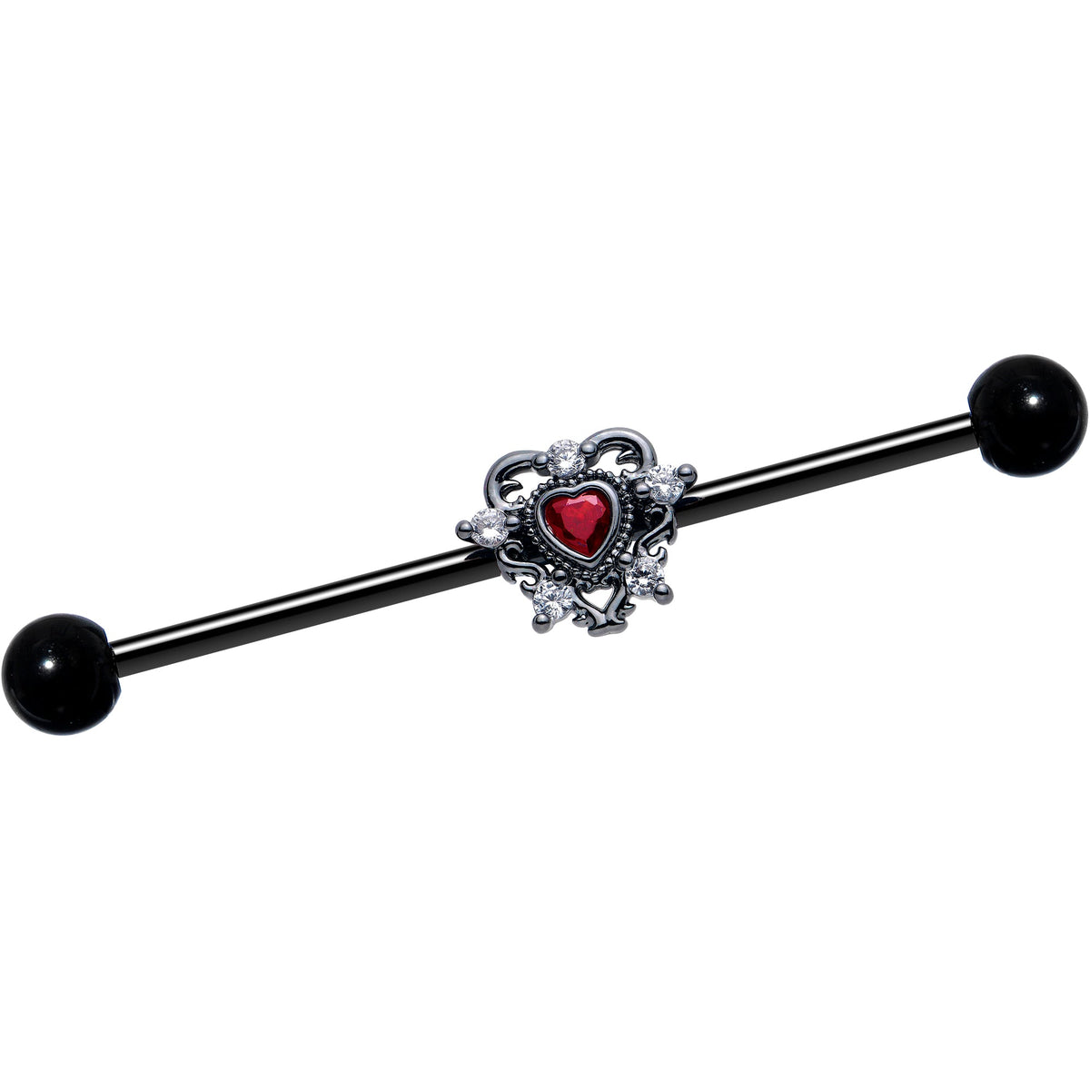 14G Red CZ Gem Black Double Heart Industrial Barbell 38mm