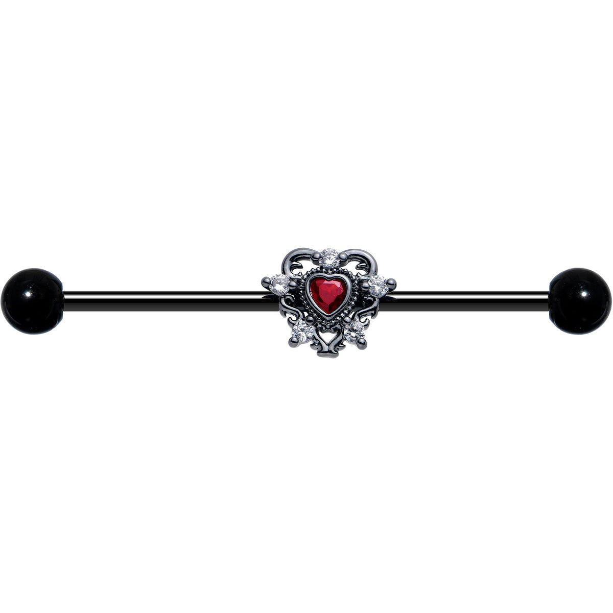 14G Red CZ Gem Black Double Heart Industrial Barbell 38mm