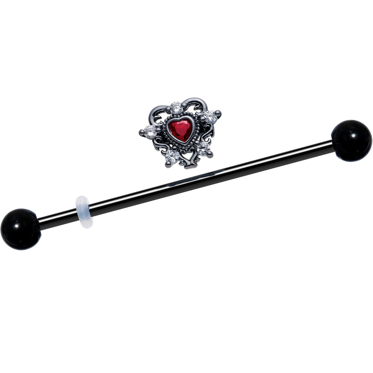 14G Red CZ Gem Black Double Heart Industrial Barbell 38mm