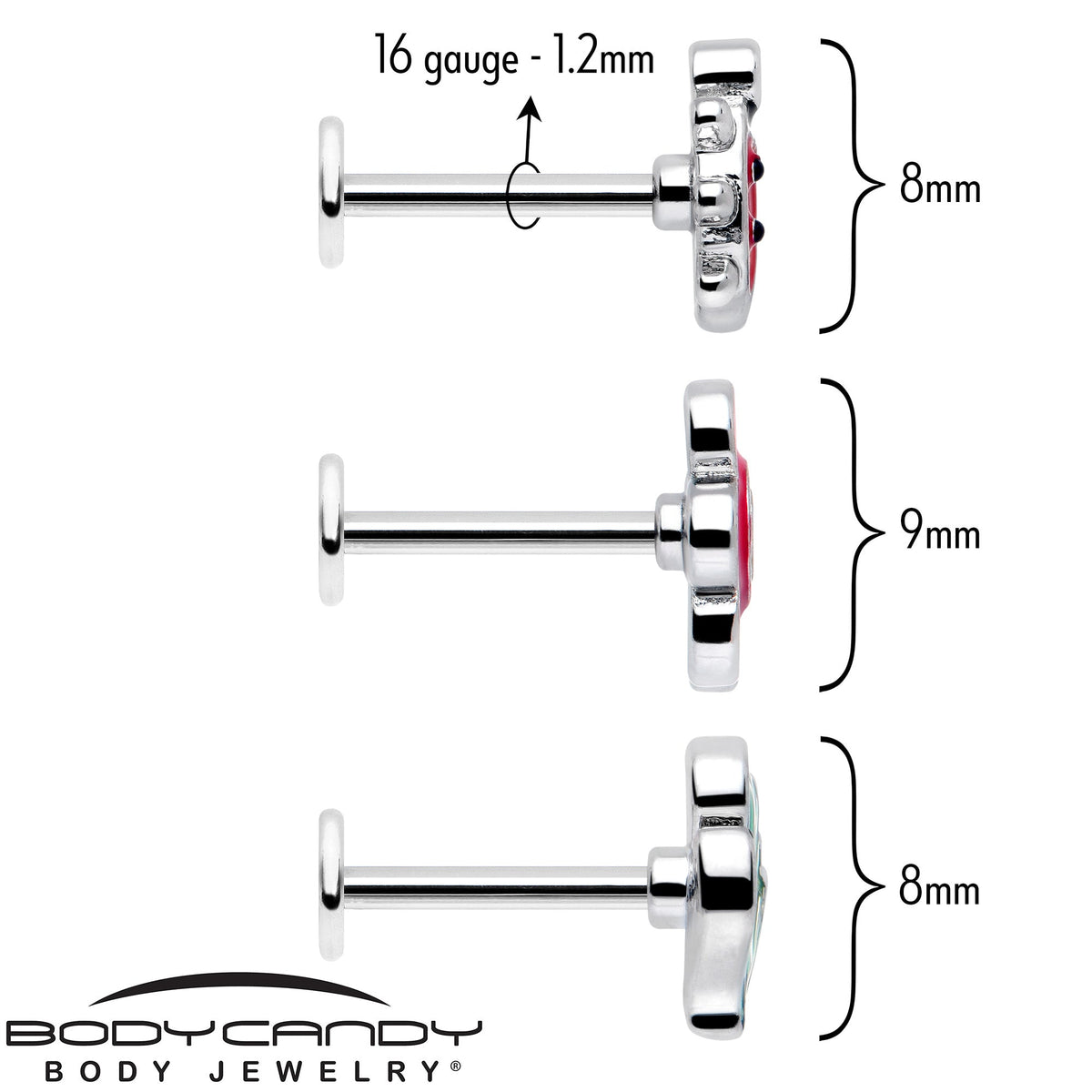 16G 5/16 Ladybug Hippie Flower Labret Monroe Tragus Set of 3