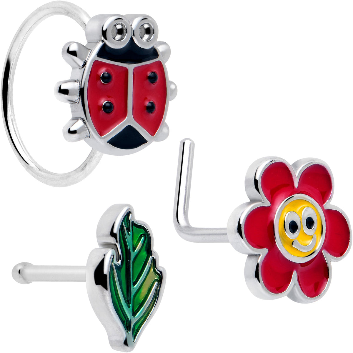 20G Ladybug Hippie Flower Nose Ring Set of 3