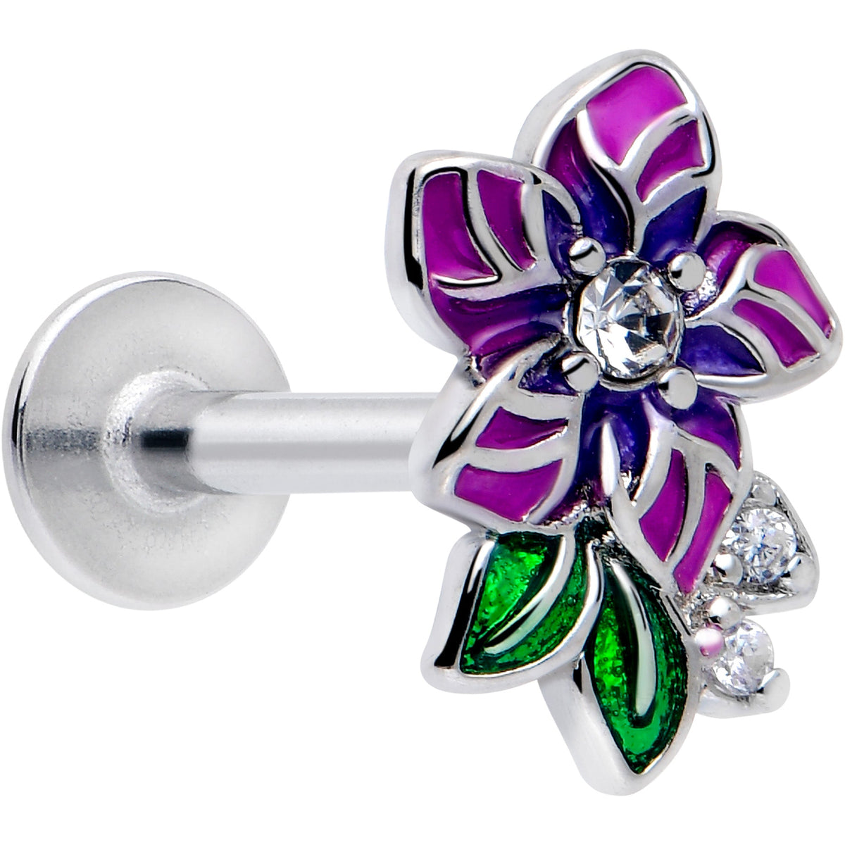 16G 5/16 Clear CZ Gem Flower Purple Flatback Stud