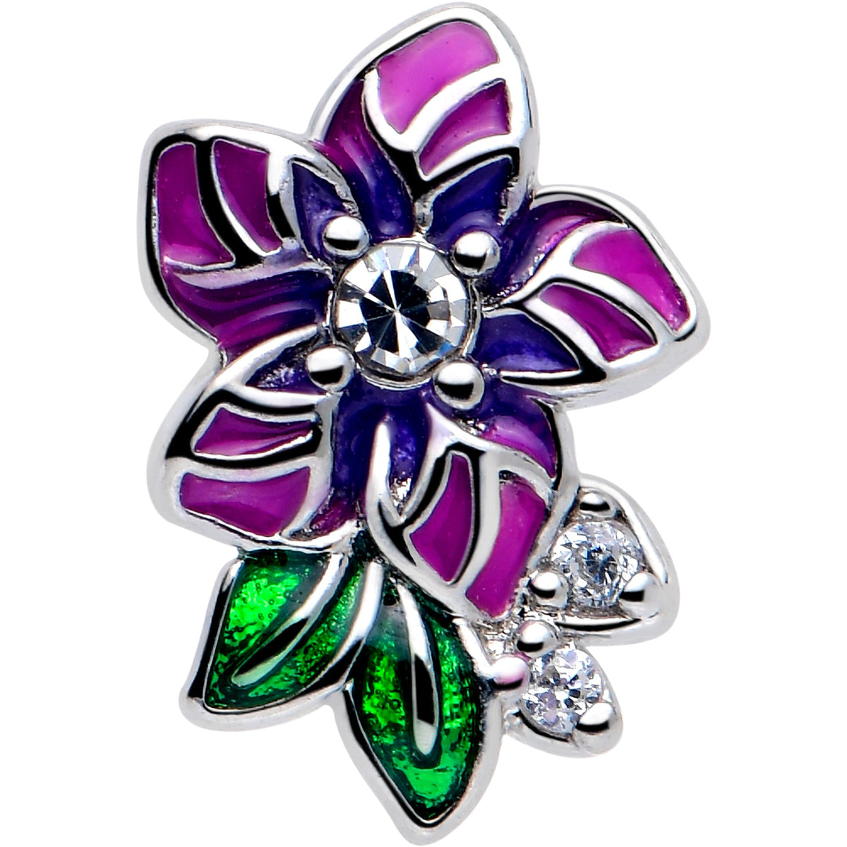 16G 5/16 Clear CZ Gem Flower Purple Flatback Stud