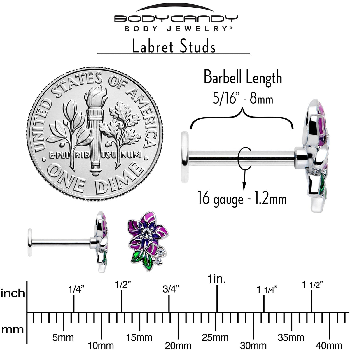 16G 5/16 Clear CZ Gem Flower Purple Flatback Stud