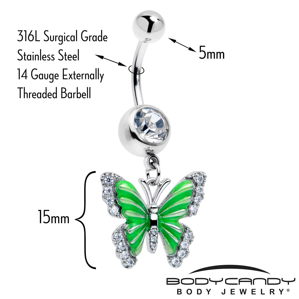 Clear CZ Gem Butterfly Green Dangle Belly Ring