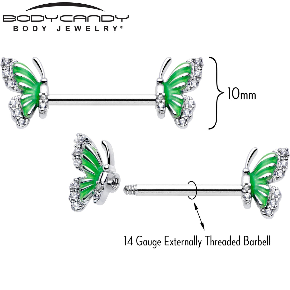 14G 9/16 Clear CZ Gem Butterfly Green Barbell Nipple Ring Set