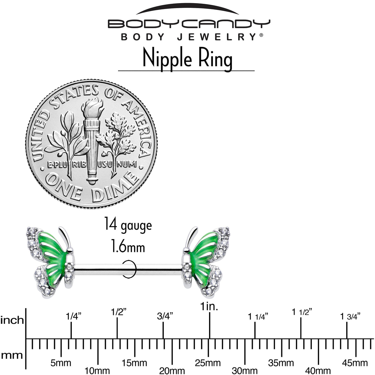 14G 9/16 Clear CZ Gem Butterfly Green Barbell Nipple Ring Set