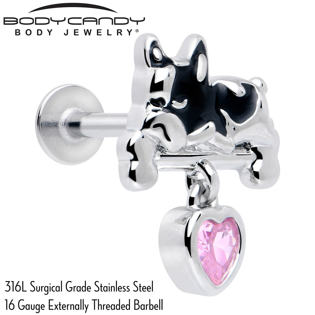 16G 5/16 Pink Gem Sleepy French Bulldog Dangle Labret Monroe Tragus