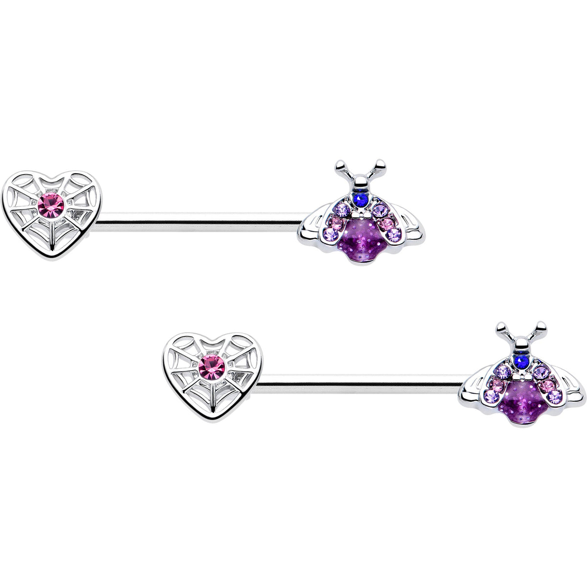 14G 9/16 Pink Blue Gem Spiderweb Heart Insect Barbell Nipple Ring Set