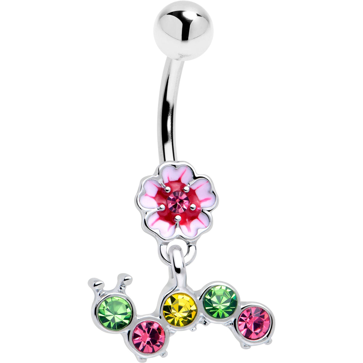 Pink Green Gem Caterpillar Flower Dangle Belly Ring