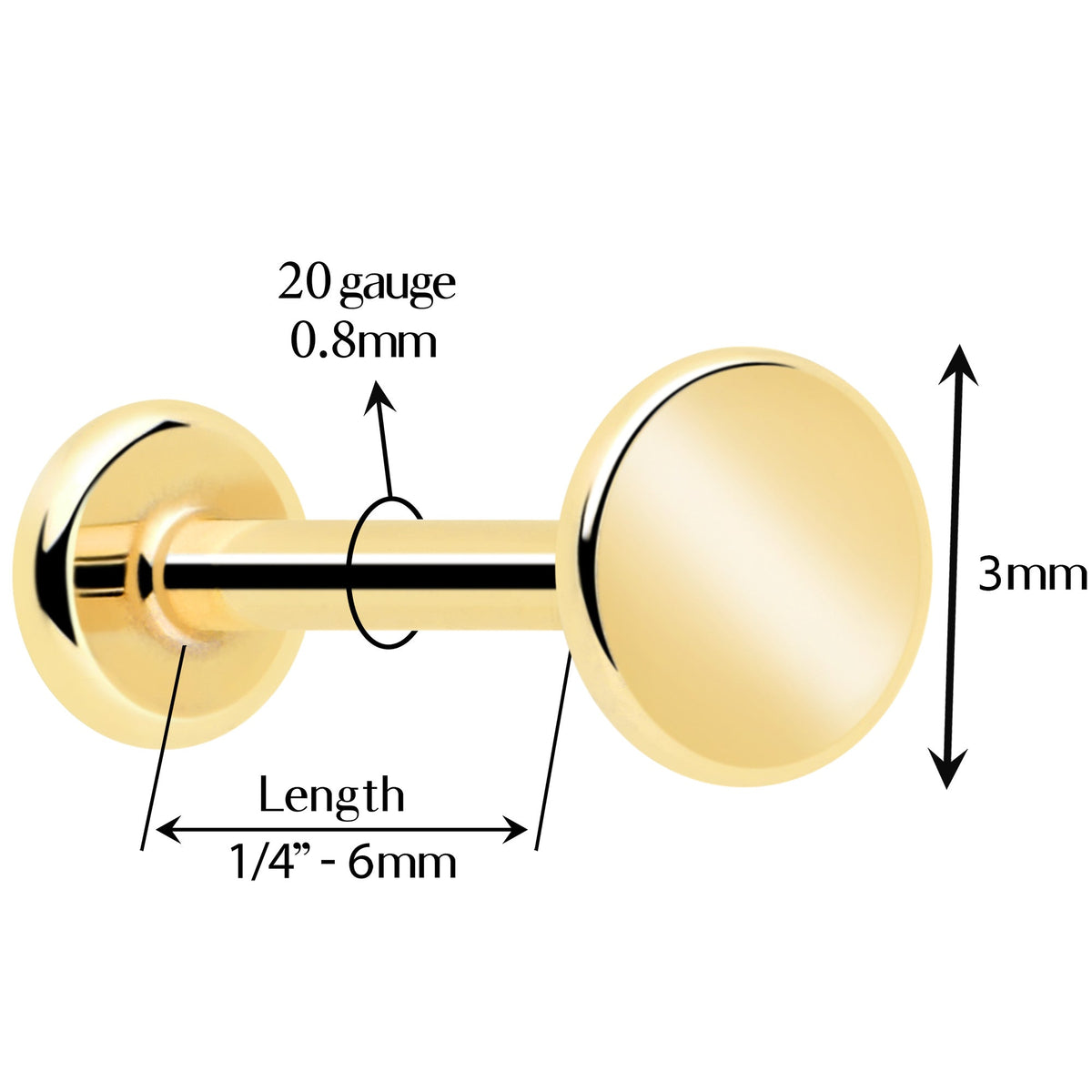 14k Solid Yellow Gold 3mm Disc Threadless Push In Flat Back Stud