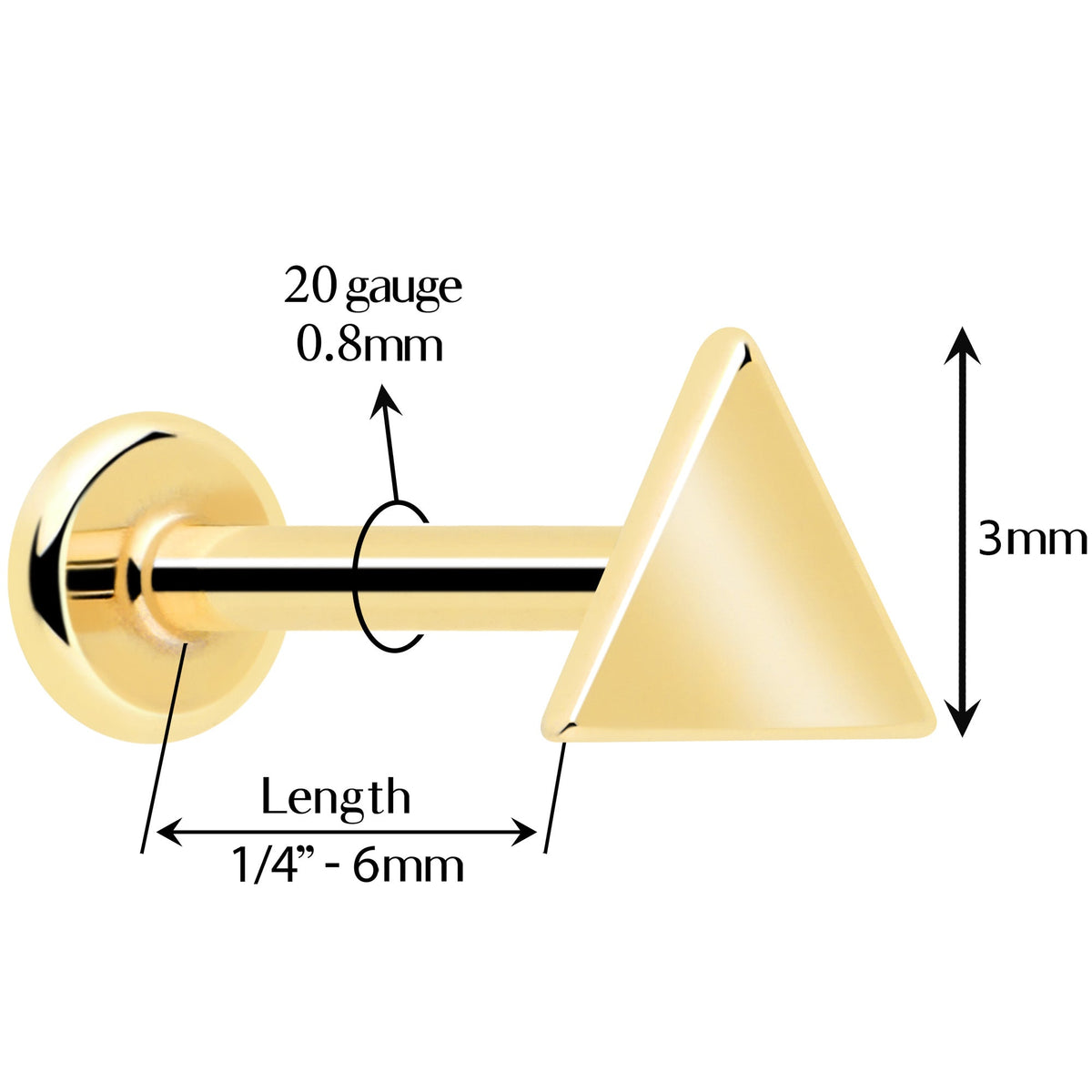 14k Solid Yellow Gold 3mm Triangle Threadless Push In Flat Back Stud