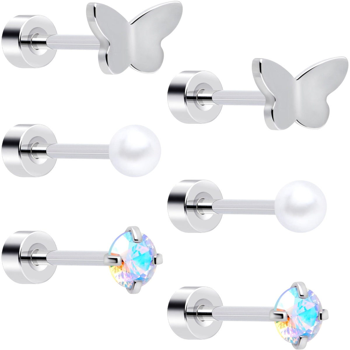 20G Aurora Gem White Orb Butterfly Flatback Earring Set of 6
