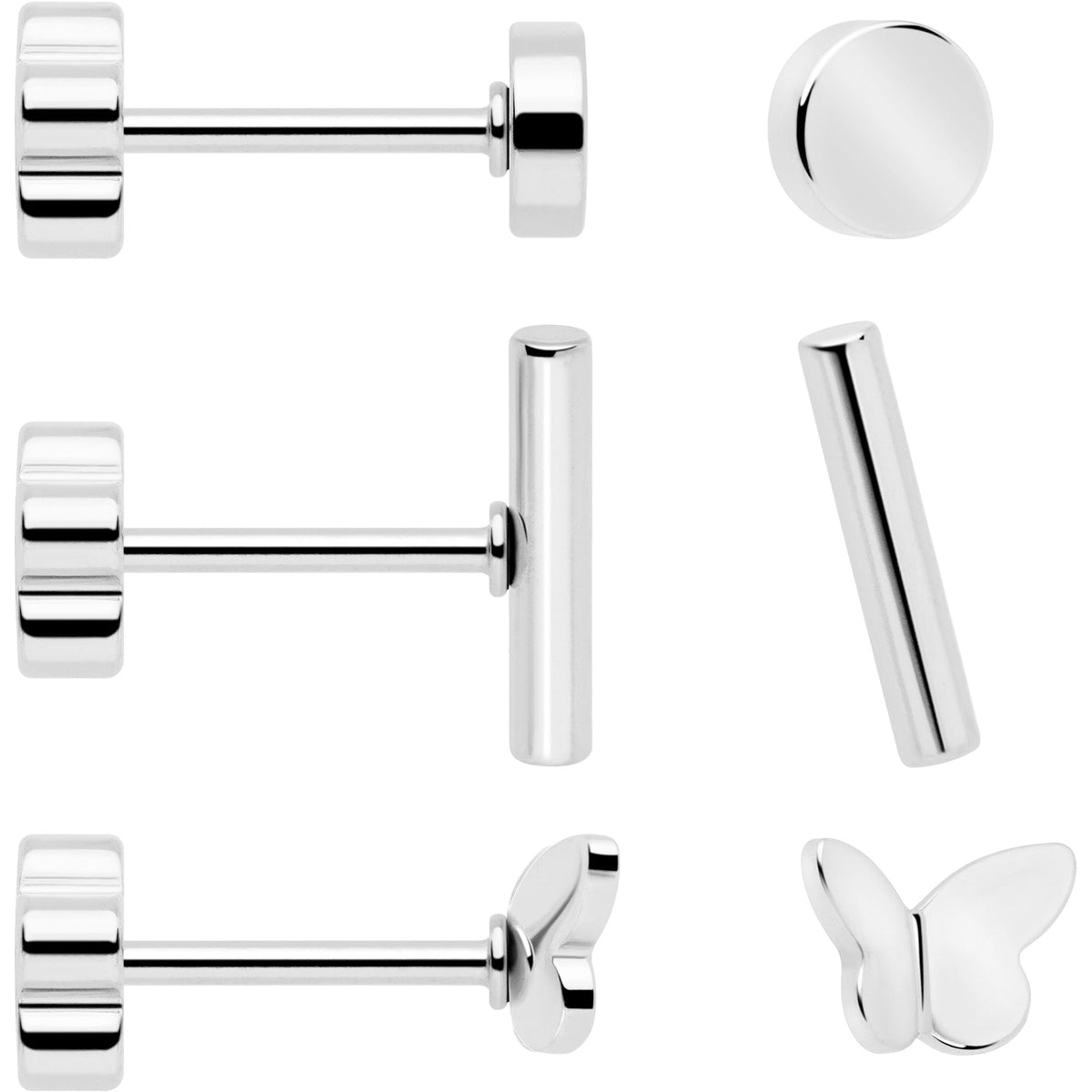 20G Bar Disc Butterfly Reversible Flower Flat Back Earring Set of 6
