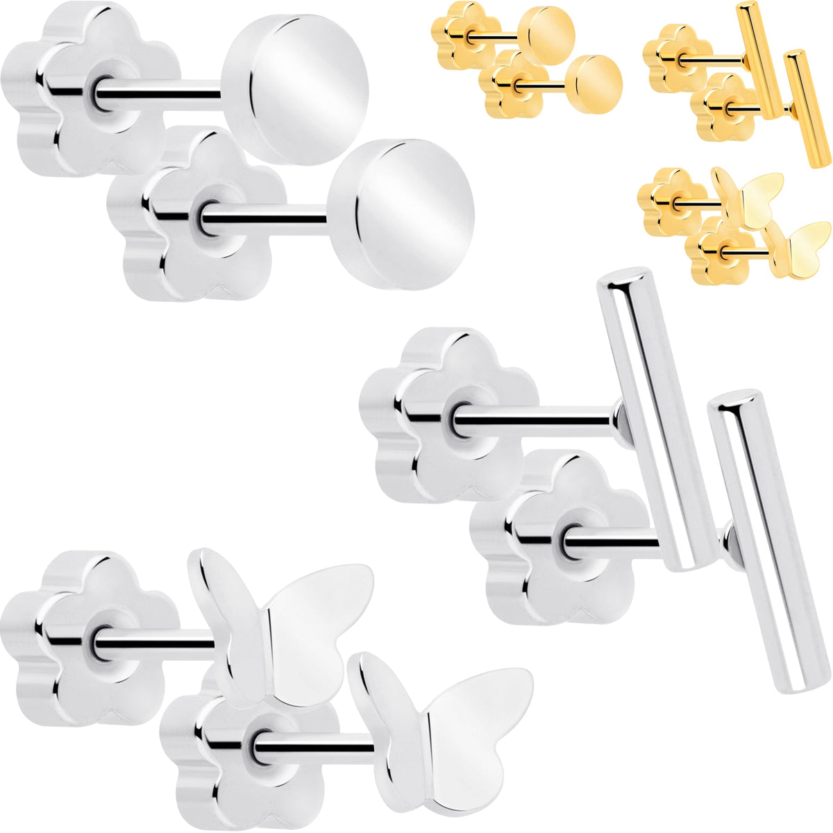 20G Bar Disc Butterfly Reversible Flower Flat Back Earring Set of 6