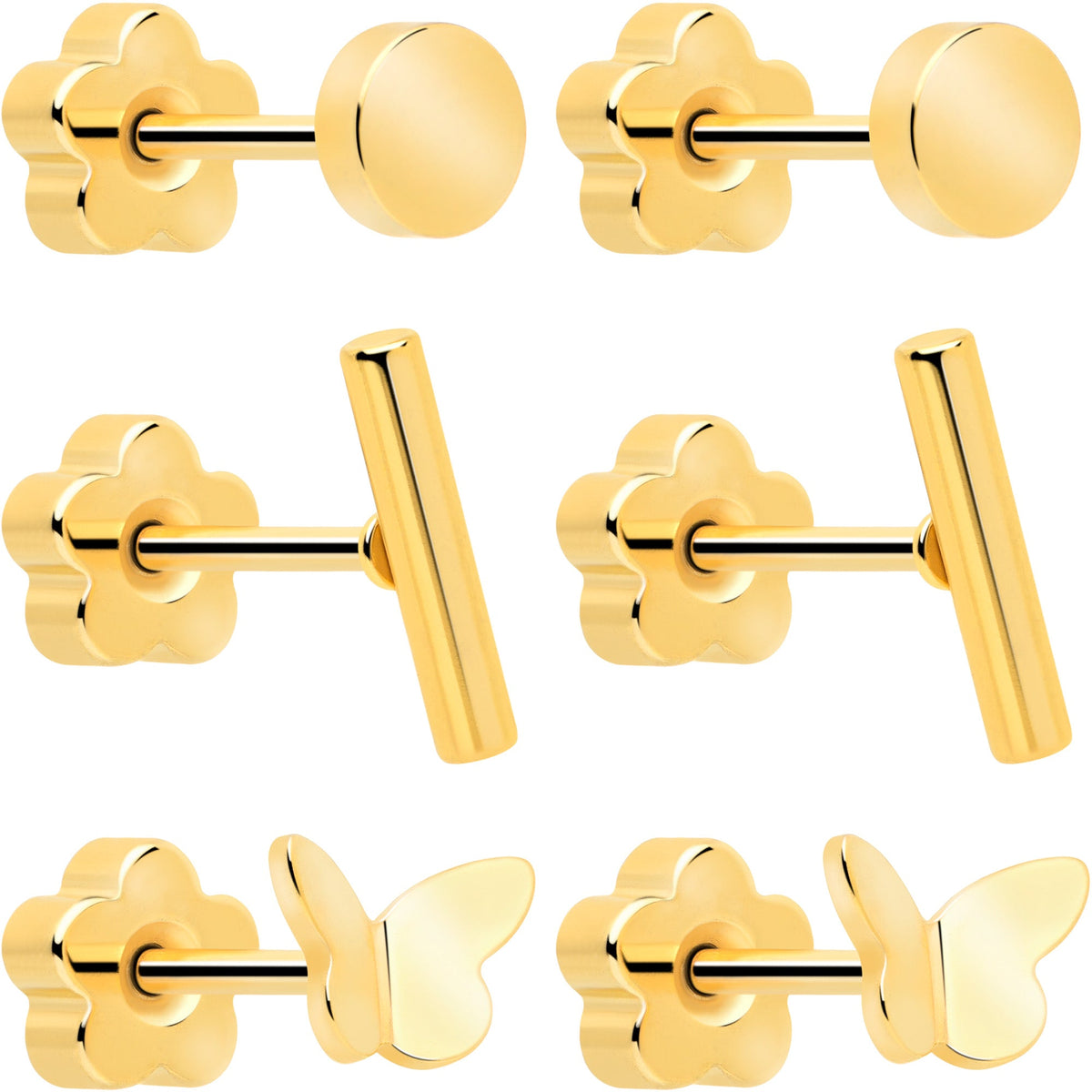 20G Bar Disc Butterfly Reversible Flower Flat Back Earring Set of 6