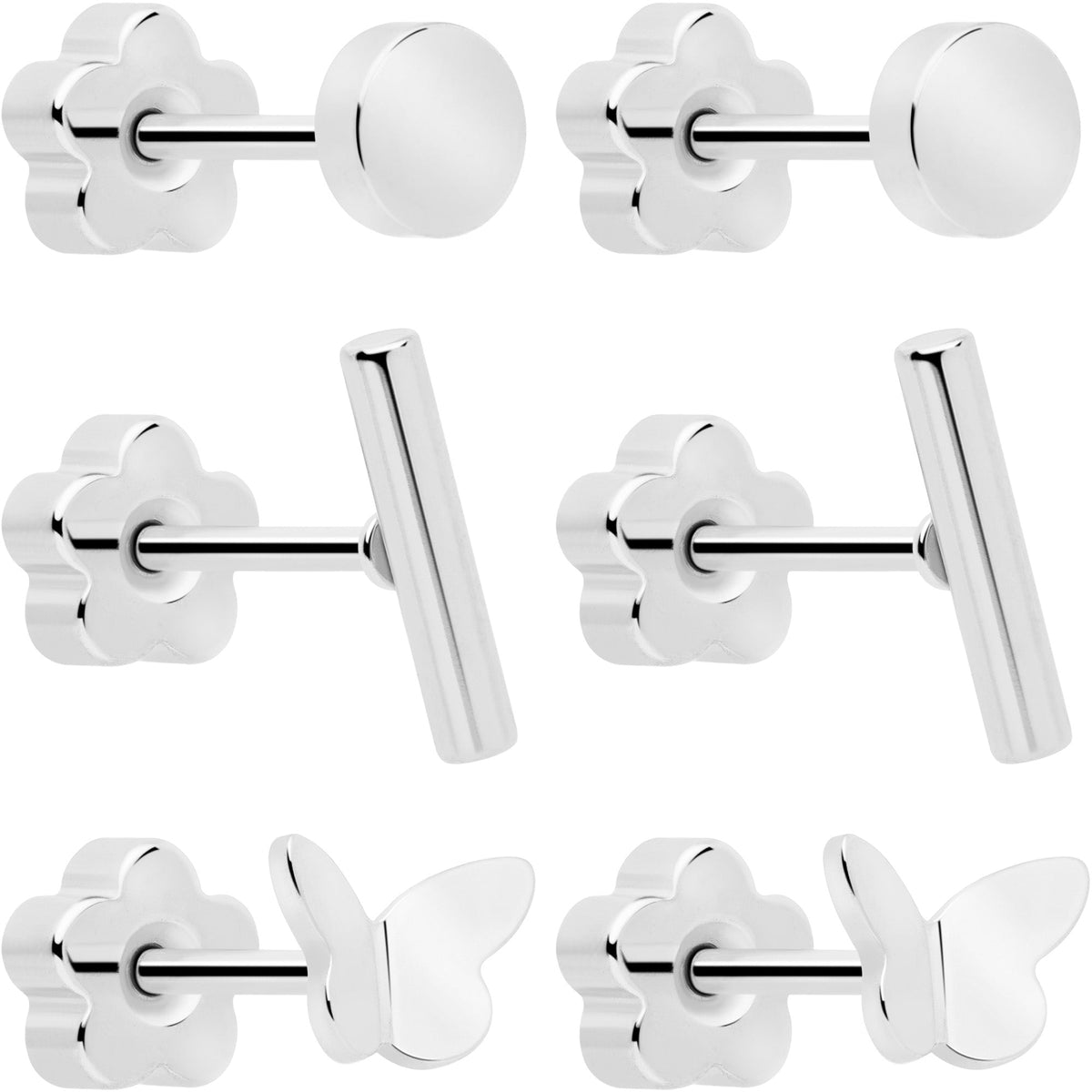 20G Bar Disc Butterfly Reversible Flower Flat Back Earring Set of 6