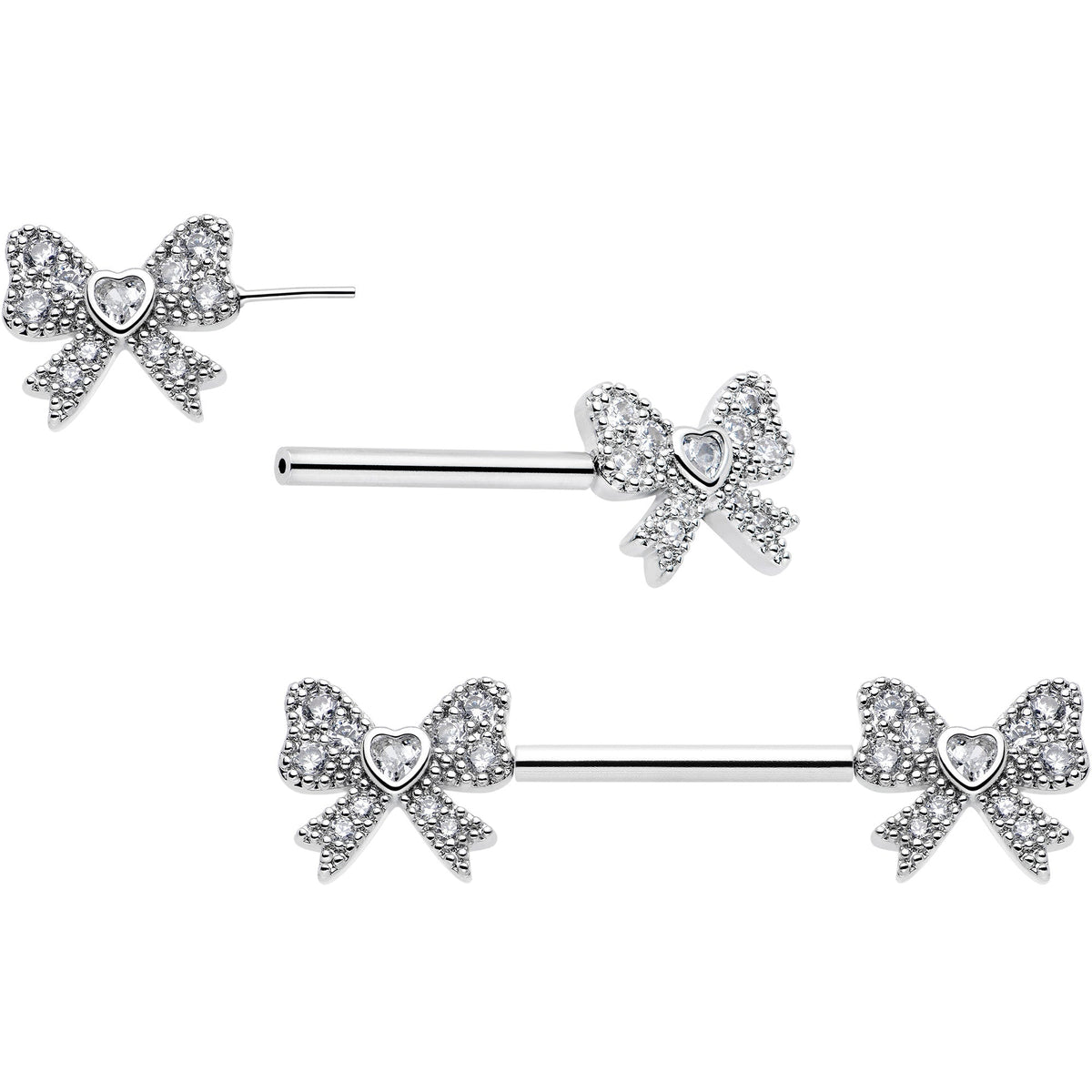 14G 9/16 CZ Dazzling Bow Threadless Nipple Ring Set
