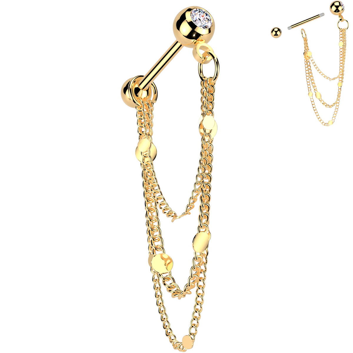 16G 5/16 CZ Gem Stud Triple Chain Cartilage Earring