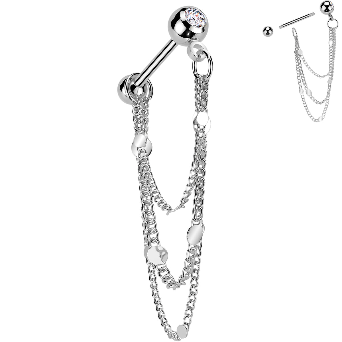 16G 5/16 CZ Gem Stud Triple Chain Cartilage Earring