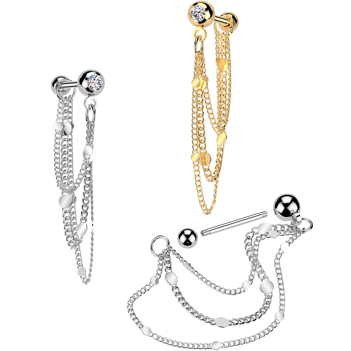 16G 5/16 CZ Gem Stud Triple Chain Cartilage Earring